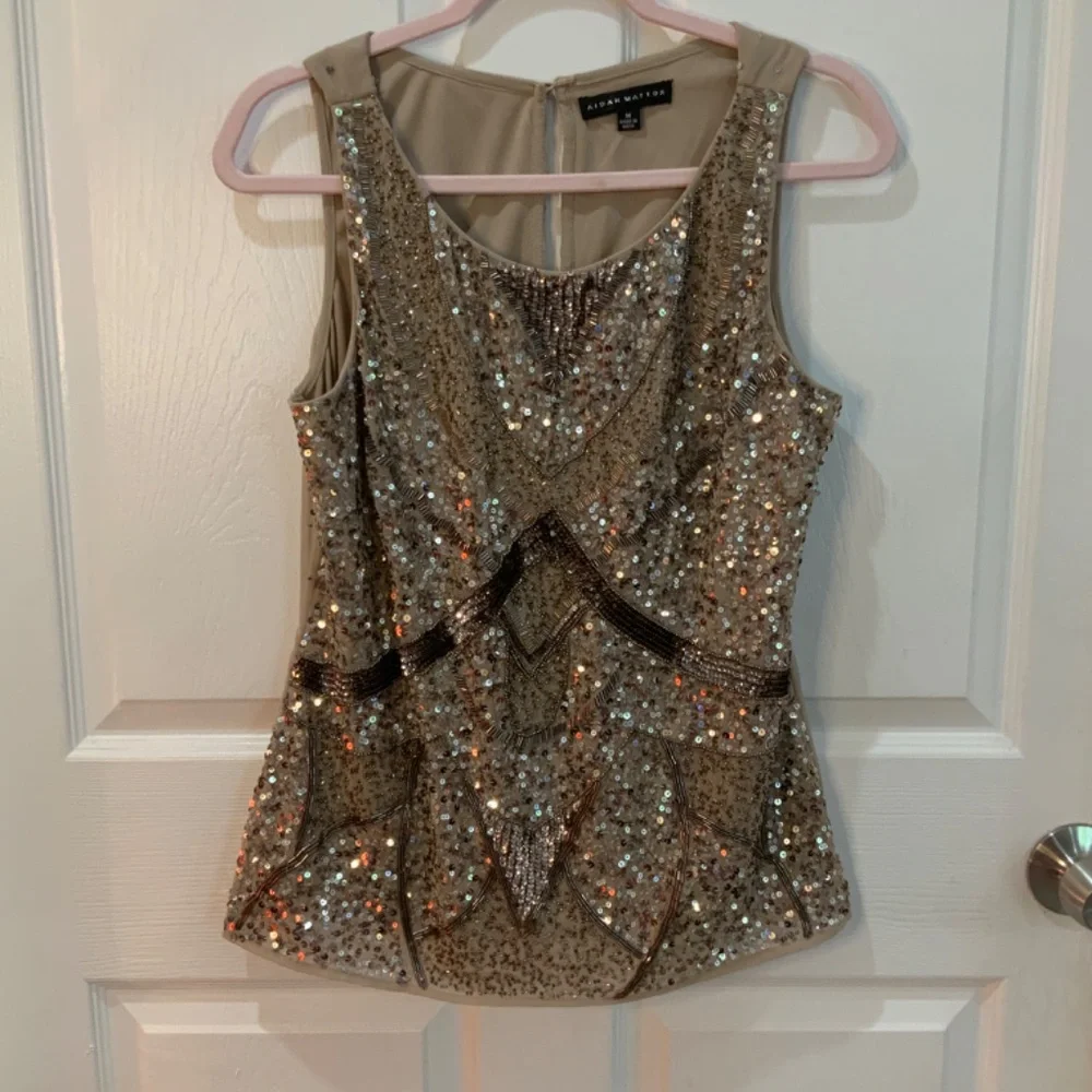 AIDAN MATTOX SEQUIN BEADED FORMAL WEDDING NUDE TANK SIZE M - Picture 2 of 10